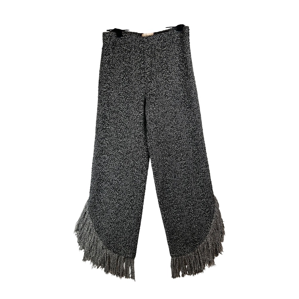 Cinq a Sept Black Herringbone Fringe Hem Wide Leg Crop Pants Women Size 00